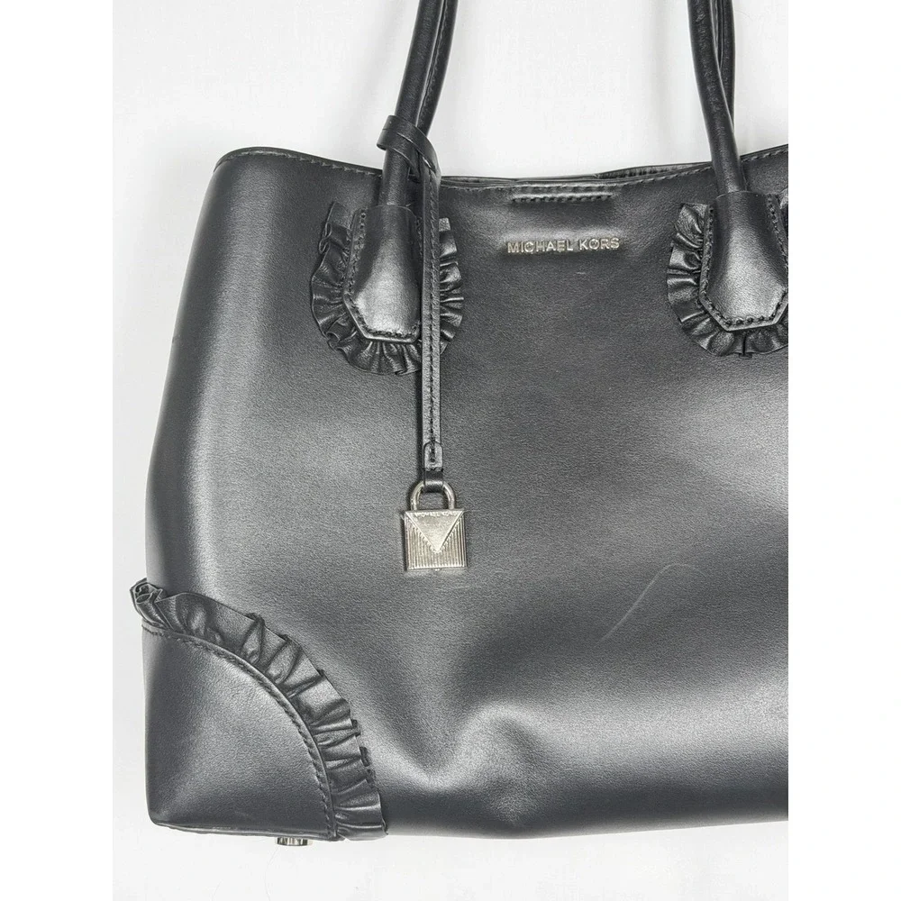 Michael Kors Mercer Gallery Medium Tote Black Leather Ruffle Satchel Purse